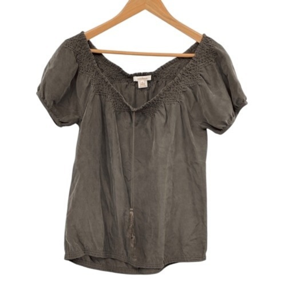 Sundance Blouse Top Silk Women XS Brown Short Sleeve Bohemian Boho‎ Puff Sleeve
